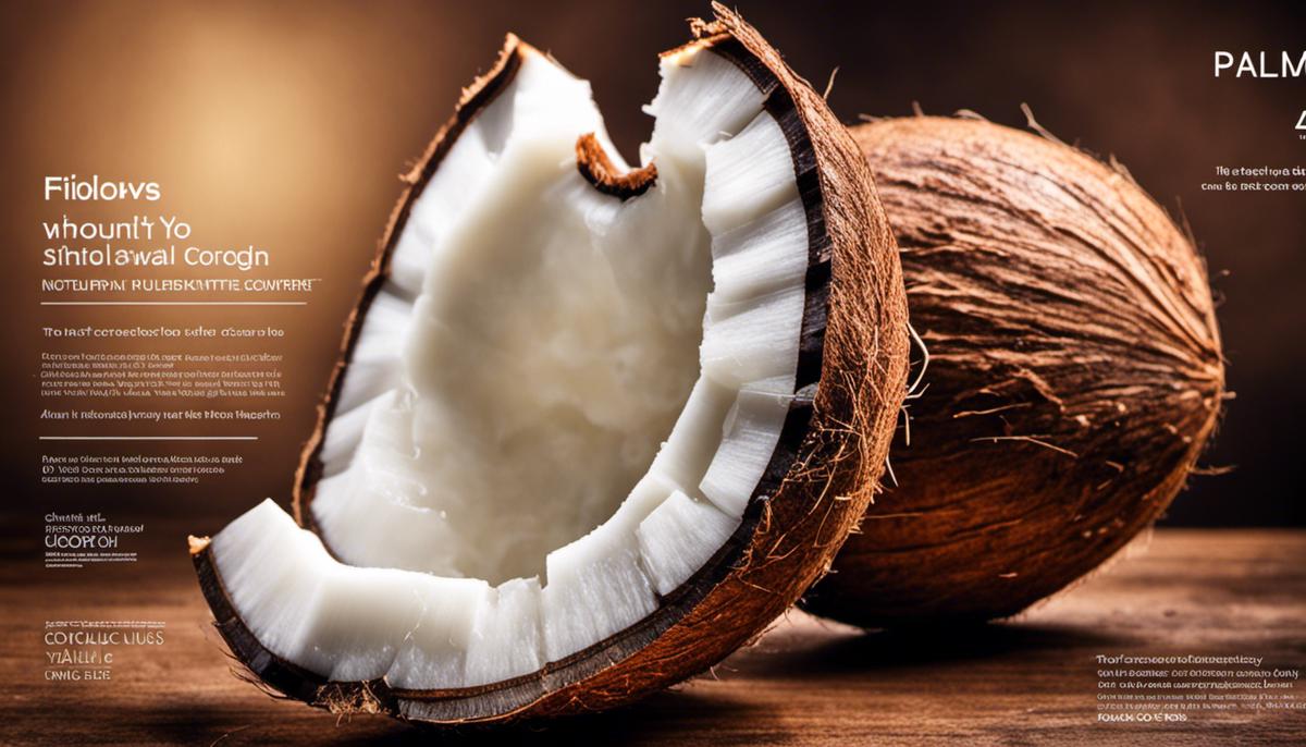 The image shows a sliced coconut with its flesh, showcasing its nutritional value with various text overlays.